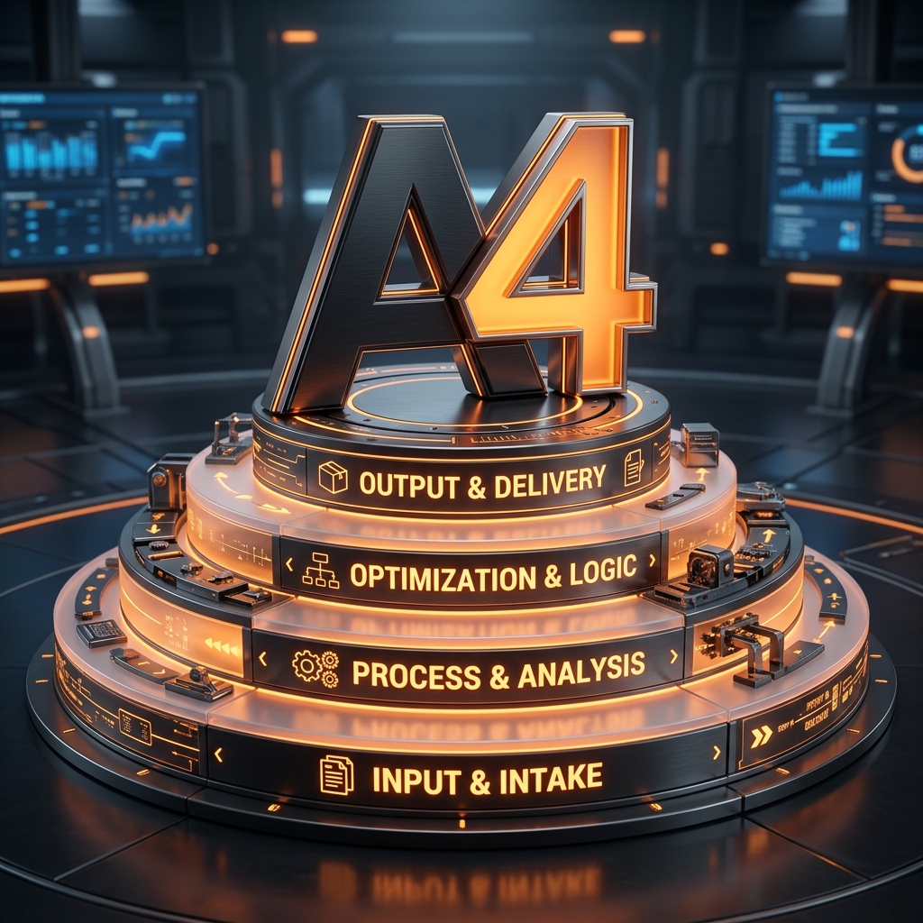 Emblema 3D A4 IA e fluxo de trabalho em 4 etapas